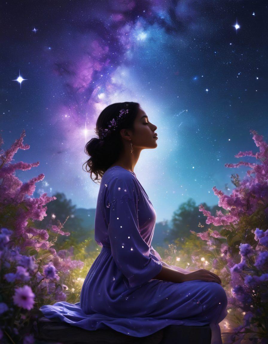 A mystical night sky filled with vibrant constellations, intertwined with feminine symbols and zodiac signs, casting a soothing glow. A silhouette of a thoughtful woman gazing upwards, immersed in a celestial garden of flowers and stars. Soft, ethereal lights create a dreamy atmosphere, embodying serenity and wellness. The color palette is deep blues and purples with shimmering silver accents. super-realistic. vibrant colors.