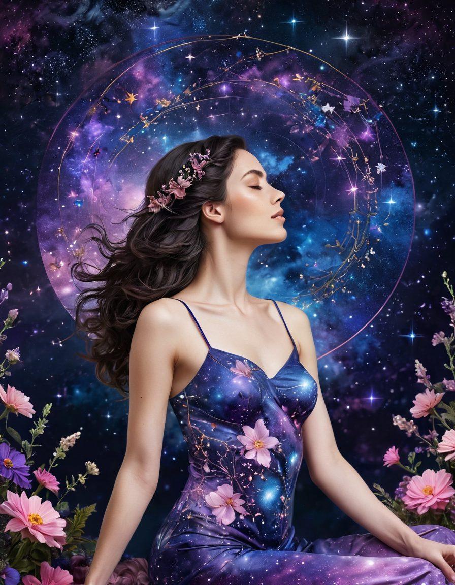 A celestial scene showcasing the cosmos, with vibrant constellations aligning in a feminine silhouette, representing women's health and anatomy. Include a cosmic spiral of stars gently illuminating soft floral patterns that symbolize growth and healing. The backdrop features a blend of deep blues, purples, and soft pinks, enhancing the mystical aura. Super-realistic. Vibrant colors.